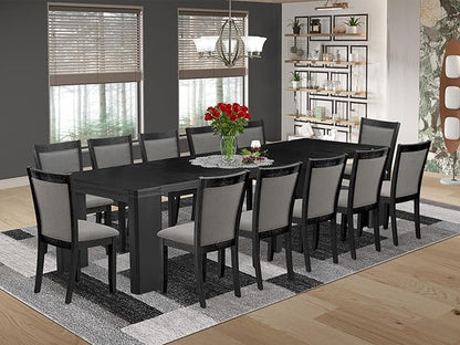 X12MZ-006-50 - 13-piece Dining Room Table Set a Rectangular Kitchen Table and 12 Dark Gotham Grey Linen Fabric Dining Chair, 39x120 Inch, Wire Brushed Black