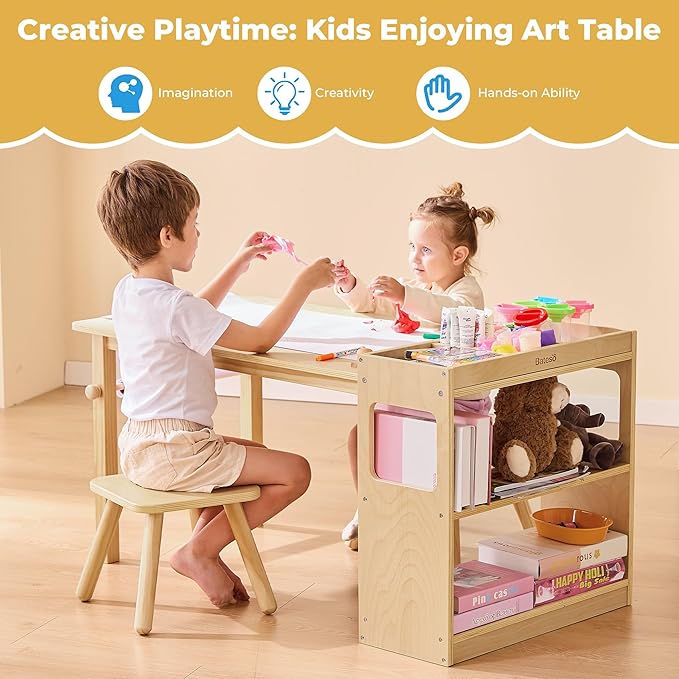 Kids Art Table and 2 Chairs Set with Roll Paper & Storage, Wooden Kid Craft Table for Drawing, Learning and Reading, Toddler Activity Play Desk for Home, Playroom or Classroom