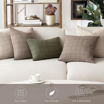Foindtower Set of 2 Decorative Linen Check Throw Pillow Covers Neutral Farmhouse Vintage Cushion Covers Modern Boho Home Decor for Sofa Chair Couch Bedroom Living Room Outdoor,20×20 Inch,Tan Taupe