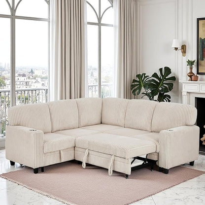 Couch, L-Shaped Sleeper Sofa with Storage, Sectional Couches for Living Room, 5-Seat Couch with Pull Out Bed, Convertible Sofa with USB Charging, for Living Room, Apartment, Beige