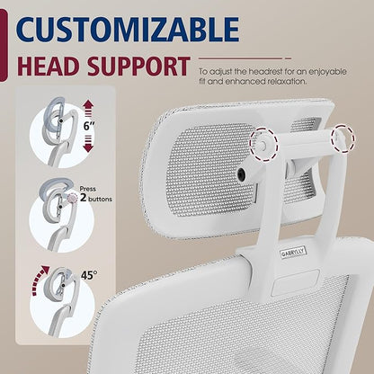 GABRYLLY Ergonomic Office Chair, High Back Home Desk Chair with Headrest, Flip-Up Arms, 90-120° Tilt Lock and Wide Cushion, 400LBS Mesh Chairs for Man Woman, White Task Chair(Grey,GY01WG)