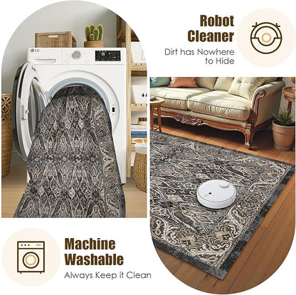 Washable Area Rug 3' x 5 ' Vintage Traditional Persian Mat - Foldable Distressed Non-Slip Machine Washable Carpet for Living Room Bedroom Kitchen Home Decor - Ebony and Taupe