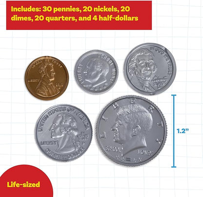 LEARNING ADVANTAGE Play Coin Set - 30 Pennies, 20 Nickels, 20 Dimes, 20 Quarters and 4 Half-Dollars - Realistic Coins for Pretend Play