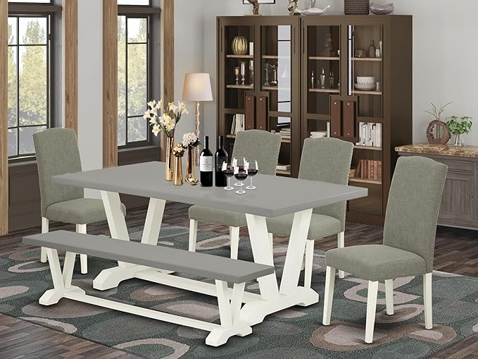 East West Furniture V097EN206-6 6 Piece Kitchen Table Set Contains a Rectangle Dining Table and 4 Dark Shitake Linen Fabric Upholstered Chairs with a Bench, 40x72 Inch, Multi-Color