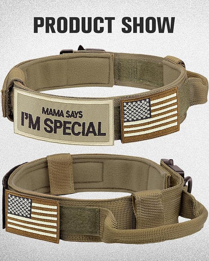 Joytale Tactical Dog Collar with Handle, Adjustable Heavy Duty Military Collar with 2 Patches for Training, Suitable for Medium Dogs, Khaki, M