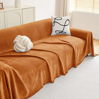 hyha Couch Cover for Dogs, Boho Sofa Covers for 3 Cushion Couch Washable, Chenille Sofa Slipcover for Pets, Soft Loveseat Sectional Couch Throw Blankets with Tassels (Orange, 71x150 Inch)