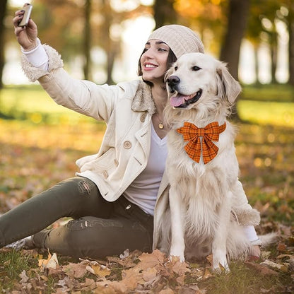 Maca Bates Fall Pumpkin Plaid Dog Collar with Sailor Bow Tie for Medium Girl,Boy,Autumn Checkered Puppy Collars with Bowtie,Halloween Gingham Print Adjustable Breakaway Soft for Male Female Dogs