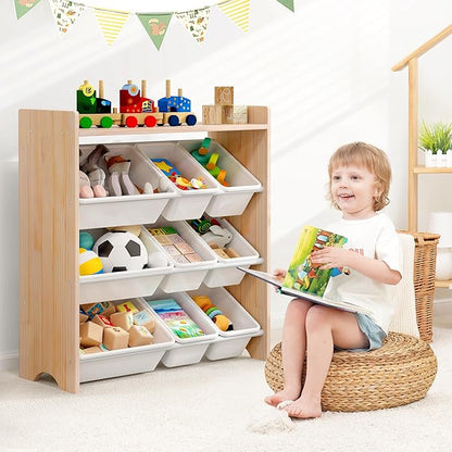 MallBest 4-Tier Kids' Toy Storage Organizer Shelf - 100% Solid Wood,Children's Storage Cabinet with 9 Plastic Bins