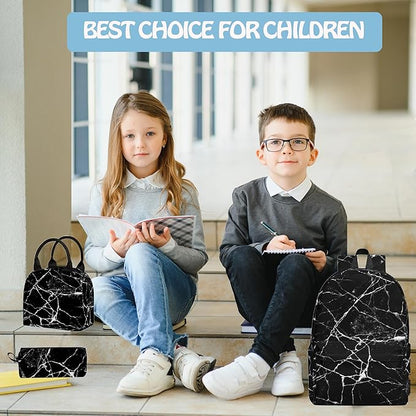 3PCS Marble Backpack Set for Teens Elementary Middle High School, 17 Inch Lightweight Classic Backpack 3 in 1 Set for Girls Boys, Kids Back to School Backpack with Lunch Box Pencil Case