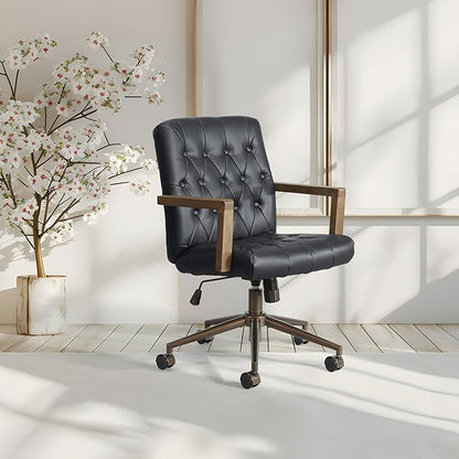 OSP Home Furnishings Waltham Adjustable Height and Tilt, Swivel Home Office Chair with Wood Arms, Black Faux Leather