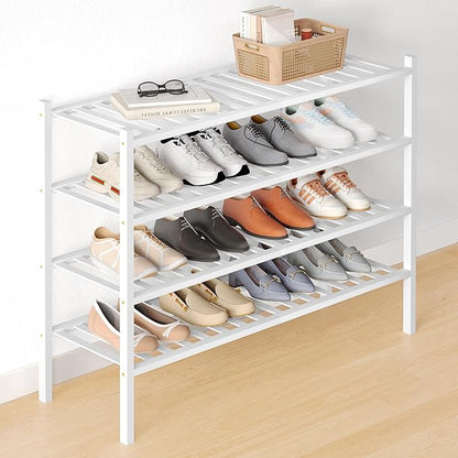Smiry Bamboo Shoe Rack for Closet, 4 Tier Long Wooden Stackable Shoe Organizer, Free Standing Shoes Storage Shelf for Entryway, Front Door Entrance, White