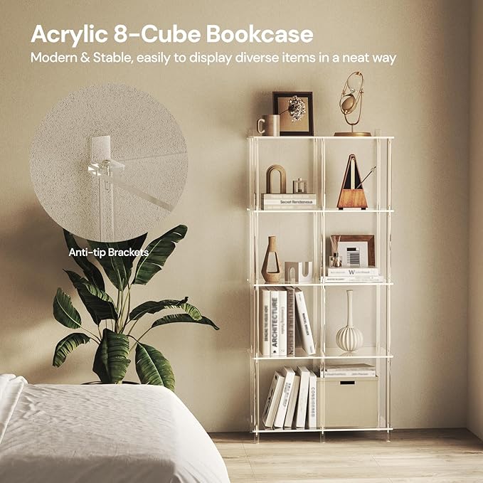 5-Tier Acrylic Bookshelf with 8 Cube Storage, Clear Bookcase for Home Office, Mordern, Multifunctional Open Book Shelves for Living Room, Bedroom, 50.8" H, Easy Assembly