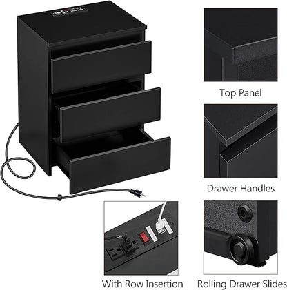 Yaheetech Nightstand with Charging Station, Wood Bedside Table with 3 Drawers, Bedside Storage Cabinet Unit with 2 USB Ports & Power Outlets for Bedroom/Small Space/Home Office, Black