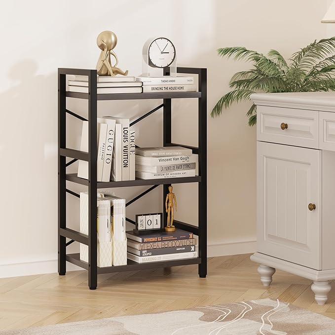 Homeiju Bookshelf, 3 Tier Industrial Bookcase, Metal Small Bookcase, Rustic Etagere Book Shelf Storage Organizer for Living Room, Bedroom, and Home Office(Grey) Patent Pending D29873033