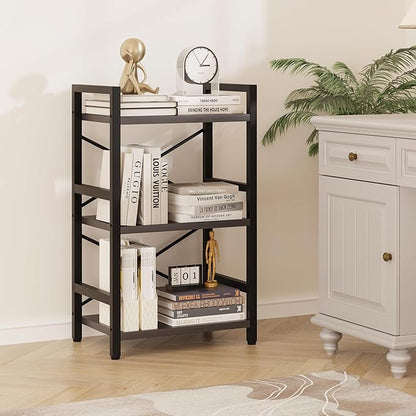 Homeiju Bookshelf, 3 Tier Industrial Bookcase, Metal Small Bookcase, Rustic Etagere Book Shelf Storage Organizer for Living Room, Bedroom, and Home Office(Grey) Patent Pending D29873033