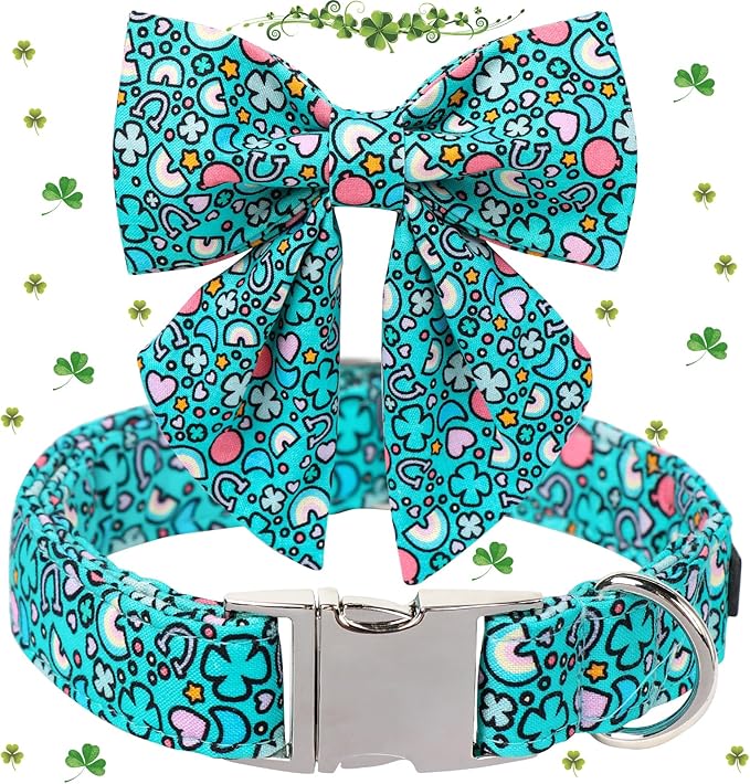 Maca Bates St. Patrick's Day Shamrock Dog Collar,Sailor Bow,Small Girl Boy Dogs,Cute Rainbow,Four Leaf Clover Pattern,Adjustable Durable Soft Collars Irish Gift for Male Female Puppy