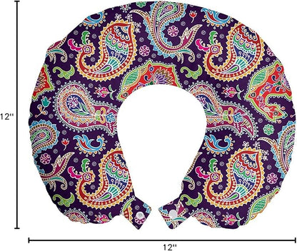 Ambesonne Paisley Travel Pillow Neck Rest, Sixties and Seventies Hippie Themed Motives Geometrical and Floral Design Image Print, Memory Foam Traveling Accessory for Airplane and Car, 12", Purple