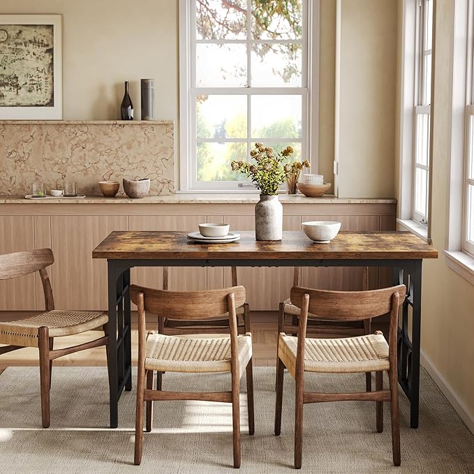 LITTLE TREE Farmhouse Dining Table for 4-6, 54.7-Inch Wooden Rectangle Kitchen Dining Room Table, Industrial Rustic Dinner Desk for Kitchen, Living Room, Home, Brown