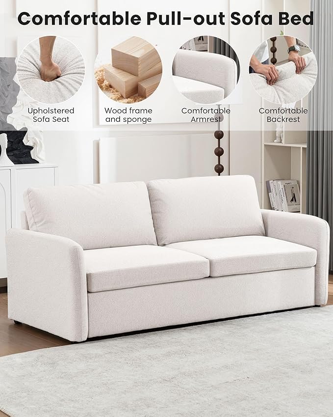 Queen Pull Out Sofa Bed, 2-in-1 Convertible Sleeper Sofa Couch with Memory Foam Mattress, 3-Seater Sofa Bed Queen with Arms for Living Room & Small Spaces, Beige
