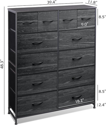 WLIVE Storage Organizer Unit with 12 Fabric Bins, Storage Drawers Organizer with Steel Frame, Tall Storage Tower Organizaton for Living Room, Hallway, Office, Charcoal Black Wood Grain Print