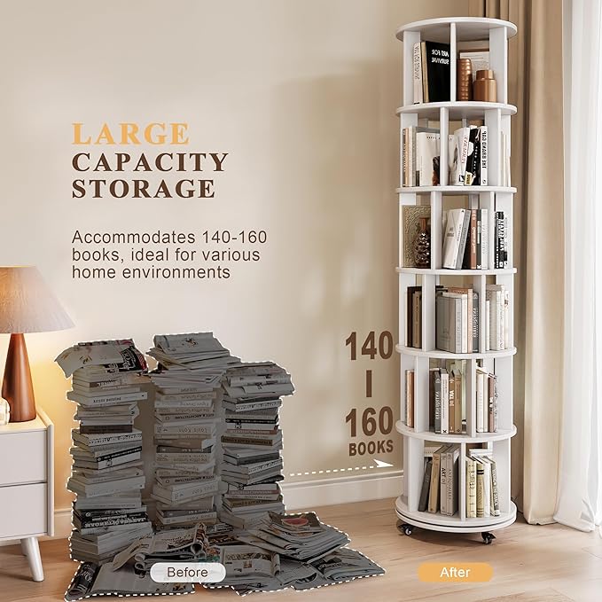 6 Tier Bookshelf Tower, 360° Solid Wood Spinning Bookcase with Swivel Wheels, Floor Standing Book Shelf for Small Space, Bookshelf for Home Office Study Room Bedroom Living Room