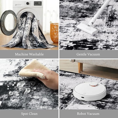 Rugflix 8x10 Area Rugs for Living Room, Washable Large Rug Stain-Resistant Low Pile, Modern Dark Carpet for Dining Room Home Office Kid Room Nursery Bedroom, Black Grey