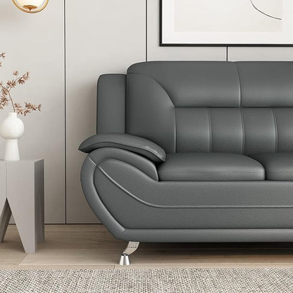 Container Furniture Direct Michael Modern Faux Leather Upholstered Stainless Steel Legs Living Room Sofa, Loveseat, Sleek Gray
