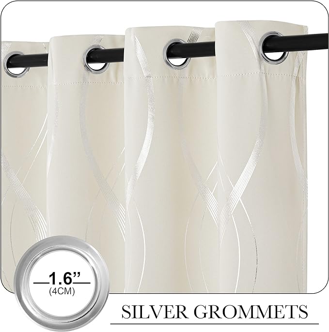 NICETOWN Extra Long Blackout Curtains for Large Window, Beige, 2 Panels, 52 inches by 102 inches, Foil Printed Wave Lines Energy Saving Thermal Insulated Draperies for Kids Nursery Boys Adult Bedroom