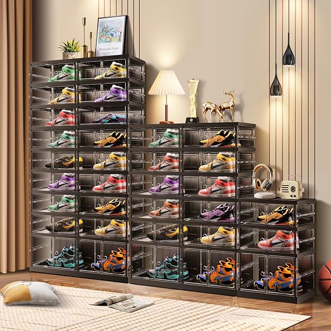 9-Tier Foldable Shoe Rack for Closet Entryway 18-36Pairs,Stackable Clear Shoe Storage Boxes Organizer with Door Plastic Shoe Cabinet Bins with Lids Shoes Shelf Easy Assembly Large Black