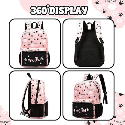 Backpack for School Kids Backpacks for Girls Bookbag Set Backpacks for Teen Girls with Lunch Box Pink Cat Preppy Backpack for School