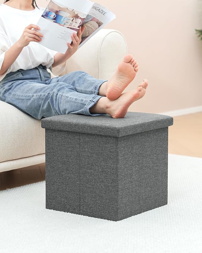 B FSOBEIIALEO Storage Ottoman with Tray, Small Ottomans Cube Folding Coffee Table Foot Stool Footrest Seat, Dark Grey Linen 16"X15.7"x15"