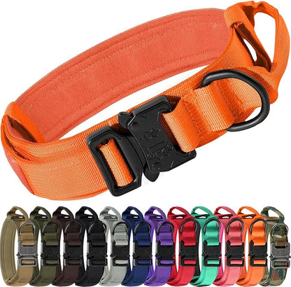 Joytale Tactical Dog Collar with Handle, Adjustable Heavy Duty Military Collar with 2 Patches for Training, Suitable for Large Dogs, Orange, L