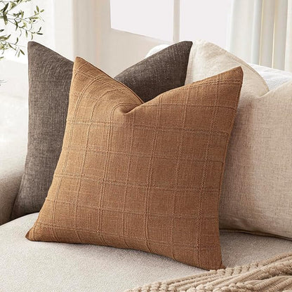 Foindtower Set of 2 Decorative Linen Check Throw Pillow Covers Neutral Farmhouse Vintage Cushion Covers Modern Boho Home Decor for Sofa Chair Couch Bedroom Living Room Outdoor,22×22 Inch,Brick