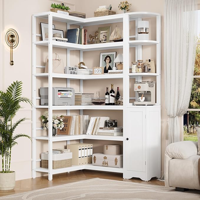 Keyluv 72" Tall Corner Bookshelf with Door, 6-Tier L Shaped Bookshelves and Bookcase with Storage Cabinet, 2 Pieces Individual Convertible Book Shelf, Display Shelf for Home Office Living Room, White