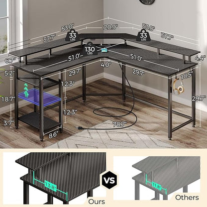 Rolanstar L Shaped Gaming Desk with LED Lights & Power Outlets, 53" Computer Desk with Full Monitor Stand & Storage Shelf, Corner Desk with Hooks, Carbon Fiber Desk Reversible