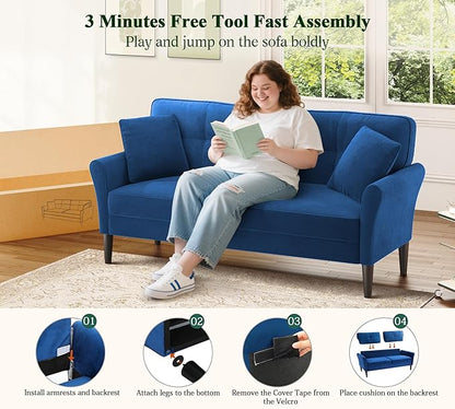 69" Loveseat Sofa, Velvet Small Couches for Small Spaces, Love Seat Couches with 2 Pillows, Tool-Free Setup Loveseats, 700lb Load Sofas for Living Room, Mini Couch for Bedroom, Comfy Sofa Couch, Blue