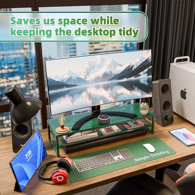 Simple Trending 2 Tier Metal Dual Monitor Stand Riser, Computer Office Desktop Organizer for 2 Monitors with 32"x10" Mouse Pad for Laptop, Printer, TV, Green