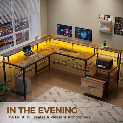 Rolanstar L Shaped Gaming Desk with Drawers, 64" Reversible Computer Desk with Power Outlet & LED Strip, Corner Desk with File Cabinet & Monitor Stand, Home Office Desk, Rustic Brown