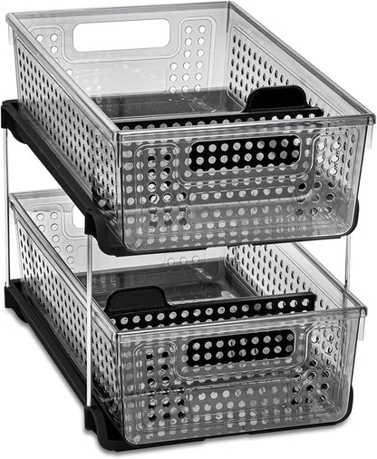madesmart Premium 2 Tier Organizer, Undersink Storage with Pull Out Sliding Drawers, for Cleaning Supplies, Pantry, Sponges, Bottles, Adjustable Dividers & Pull Out Sliding Baskets, Smoke