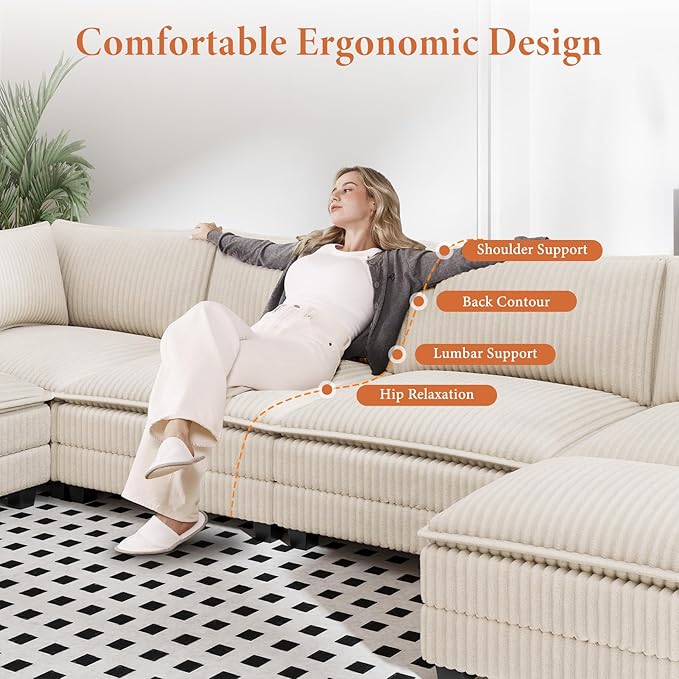 Vesgantti 143" U Shaped Sectional Modular Couch, Comfy Corduroy Upholstered Modular Cloud Sofas for Living Room, Modern Sectional Sofa with 2 Ottoman Deep Seat, Beige