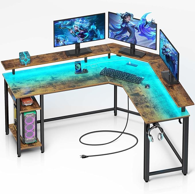 Rolanstar L Shaped Gaming Desk with LED Lights & Power Outlets, 46.2" Computer Desk with Full Monitor Stand & Storage Shelf, Corner Desk with Hooks, Rustic Brown Desk Reversible