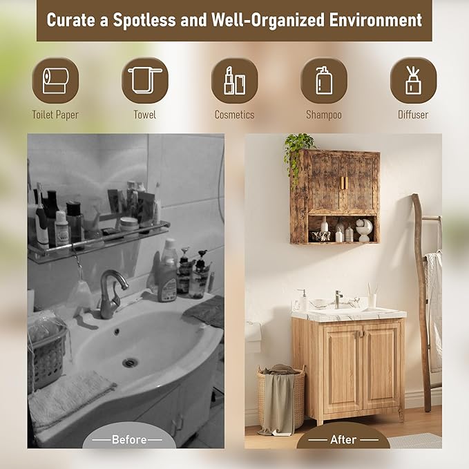 Bathroom Wall Cabinet, Wall-Mounted Medicine Cabinet with Adjustable Wood Shelf & Doors, Floating Bathroom Cabinet Over Toilet for Laundry Room & Kitchen & Living Room (Retro)
