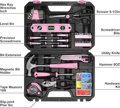 Amazon Basics 142-Piece Household Tool Kit for Home Repair,Hand Tools with Storage Case,13.39 x 9.25 x 2.95 inch,Pink,(Pack of 4)