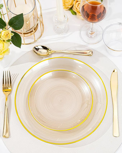 Morejoy 60Pcs Brown Plastic Plates,Brown Disposable Plates With Gold Rim, Gold Party Dinnerware Set Include 30 Dessert plates,30 Dinner plates for Party,Thanksgiving