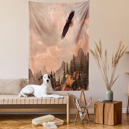 Ambesonne Eagle Tapestry, Nature Photography of Rocky Mountains and Forest a Bird Flying over It, Fabric Wall Hanging Decor for Bedroom Living Room Dorm, 23" X 28", Rose Green