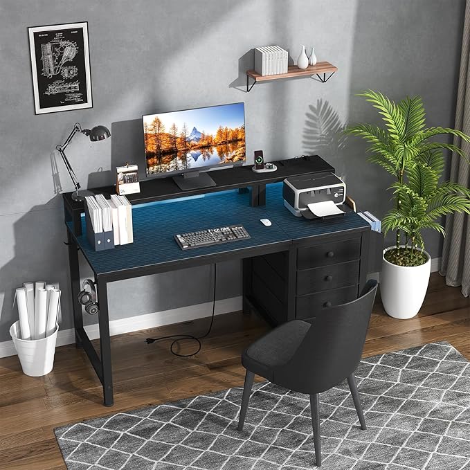Lufeiya Gaming Desk with LED Lights and Power Outlets, 47 inch Computer Desk with Fabric Drawers, Reversible Home Office Desk with Monitor Stand, Black