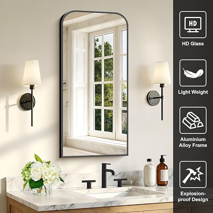 Bathroom Mirror, 18x36 inch Black Rectangle Wall Mounted Mirror with Thin Frame, Bathroom Vanity Mirrors for Over Sink, Entryway, Living Room, Bedroom