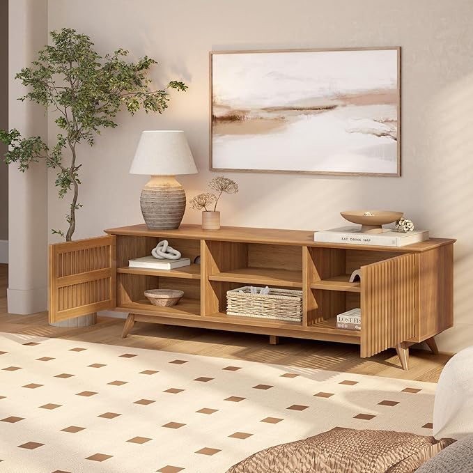 Plank+Beam Mid-Century Modern Wood TV Stand, Solid Wood Entertainment Console with Storage, 59" L x 16" W x 19" H, Pecan
