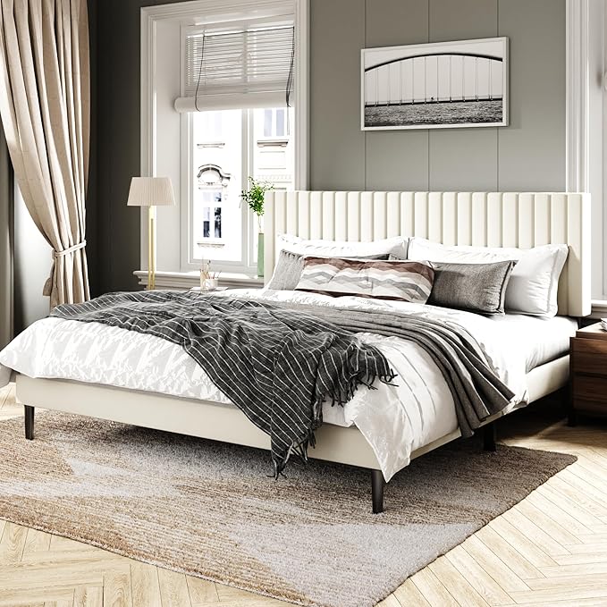 King Size Bed Frame with Velvet Upholstered Headboard, Platform Bed with Strong Wood Slats, Mattress Foundation, Box Spring Optional, Easy Assembly, Beige