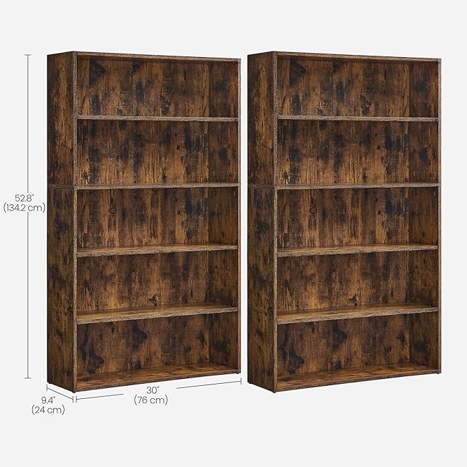 VASAGLE Set of 2 Bookshelves, 30 Inches Wide, 5-Tier Open Bookcases with Adjustable Storage Shelves, Floor Standing Units, Rustic Brown ULBC175X01-2